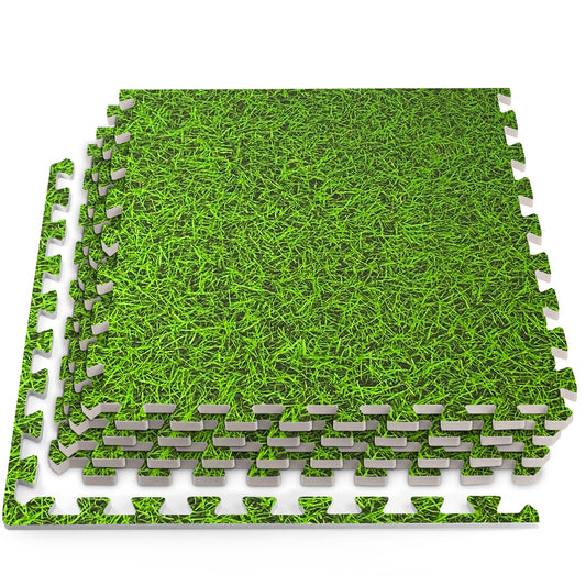 3/8 Inch Thick Interlocking Green Grass Foam Floor Tiles for Home, Office, Workout Equipment Space, Commercial Areas, Anti-Fatigue Flooring Padding 24x24 in., Green Grass