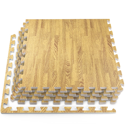 3/8 Inch Thick Interlocking Wood Grain Foam Floor Tiles for Home, Office, Workout Equipment Space, Commercial Areas, Anti-Fatigue Flooring Padding 24x24 in., Medium Oak