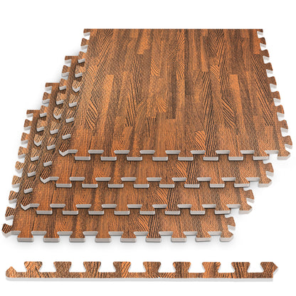 3/8 Inch Thick Interlocking Wood Grain Foam Floor Tiles for Home, Office, Workout Equipment Space, Commercial Areas, Anti-Fatigue Flooring Padding 24x24 in., Dark Oak