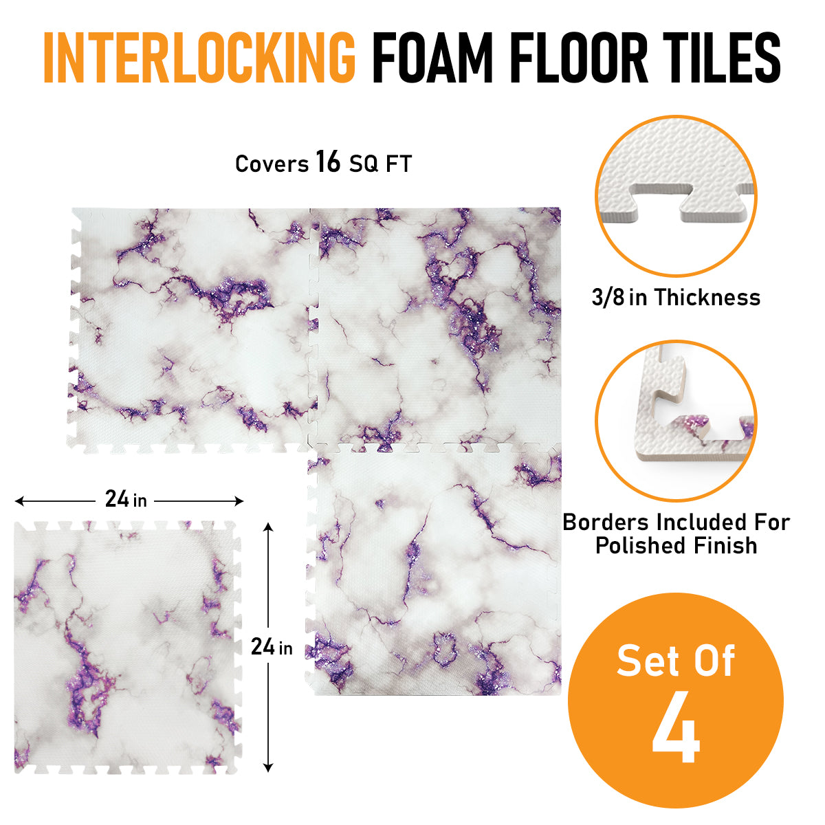 3/8 Inch Thick Interlocking Marble Foam Floor Tiles for Home, Office, Workout Equipment Space, Commercial Areas, Anti-Fatigue Flooring Padding 24x24 in., Purple Marble