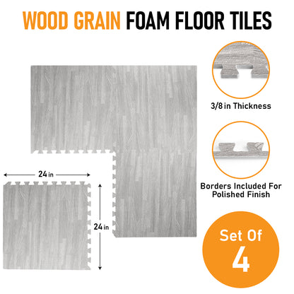 3/8 Inch Thick Interlocking Wood Grain Foam Floor Tiles for Home, Office, Workout Equipment Space, Commercial Areas, Anti-Fatigue Flooring Padding 24x24 in., Grey Oak